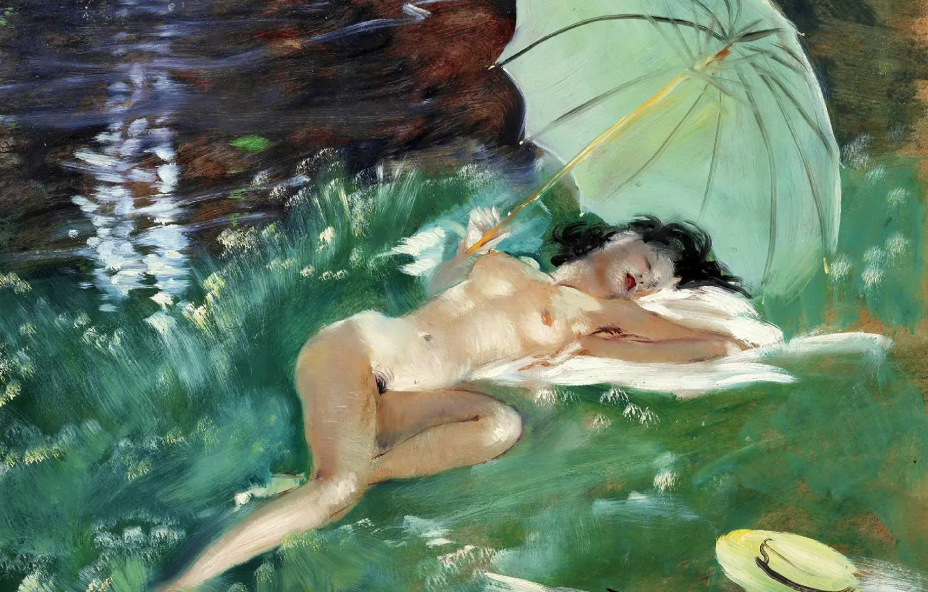 Фото обои грудь, шляпа, зонт, брюнетка, Модерн, голая женщина, Jean-Gabriel Domergue, Отдых на берегу