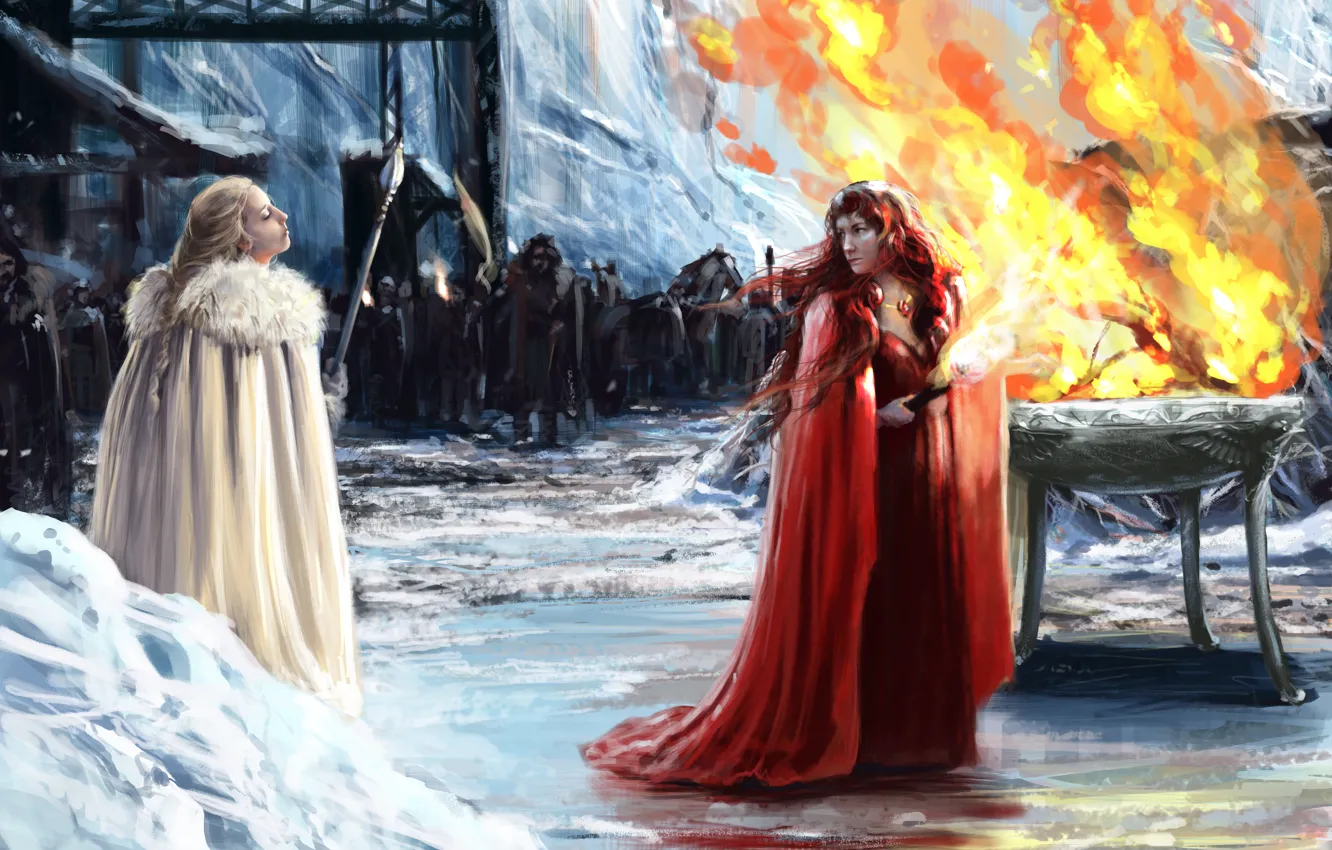 Фото обои девушки, огонь, армия, факел, плащ, Game of thrones, Melisandre, Princess Val