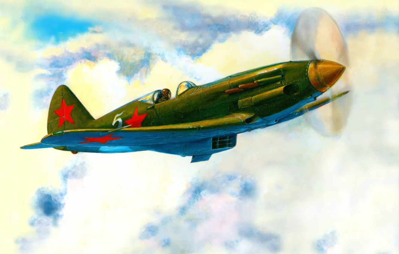 Фото обои рисунок, Небо, Облака, истребитель, Полет, День, Крылья, СССР