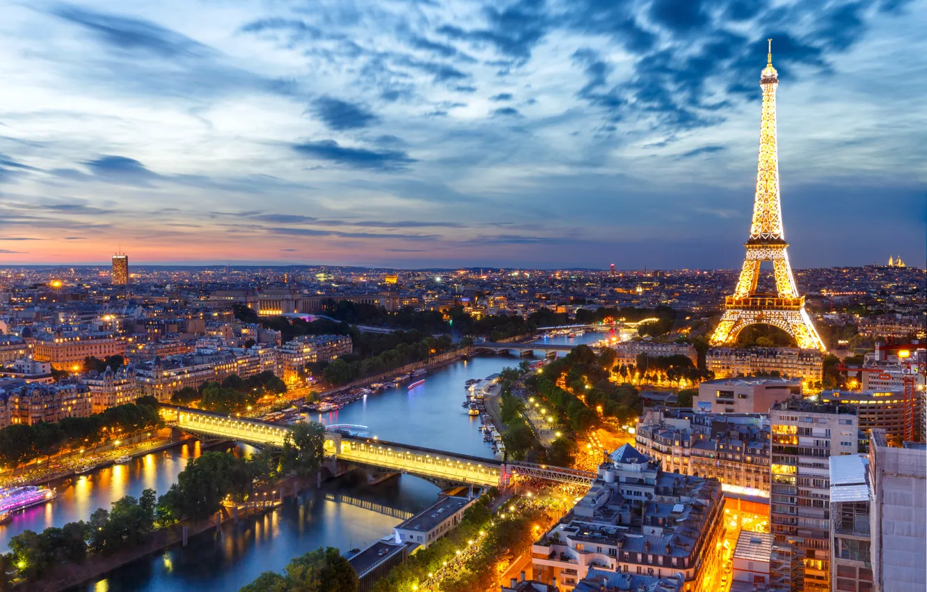 Фото обои ночь, огни, Франция, Париж, панорама, Эйфелева башня