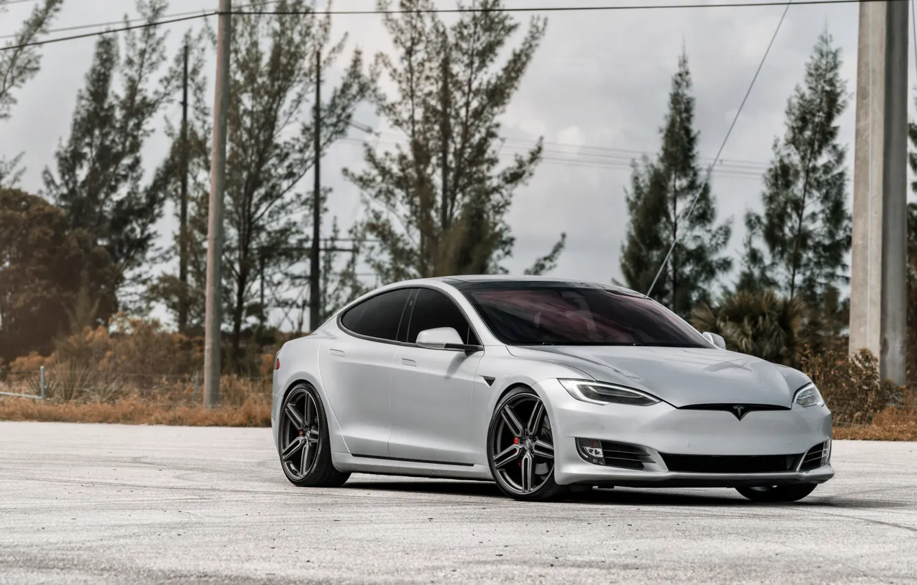 Фото обои Tesla, Vossen, Silver, Model S, Electro Car, ECO
