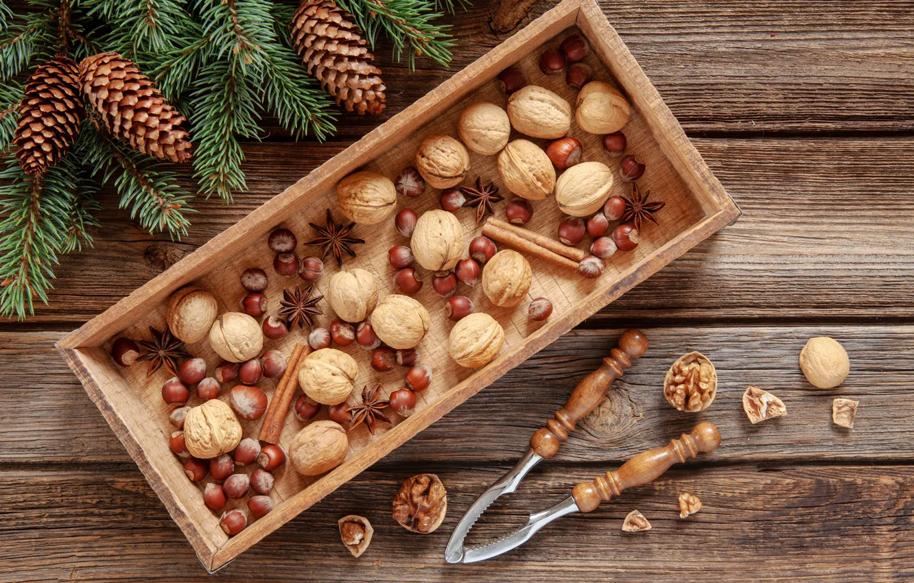 Фото обои украшения, Рождество, Новый год, christmas, орехи, new year, wood, merry