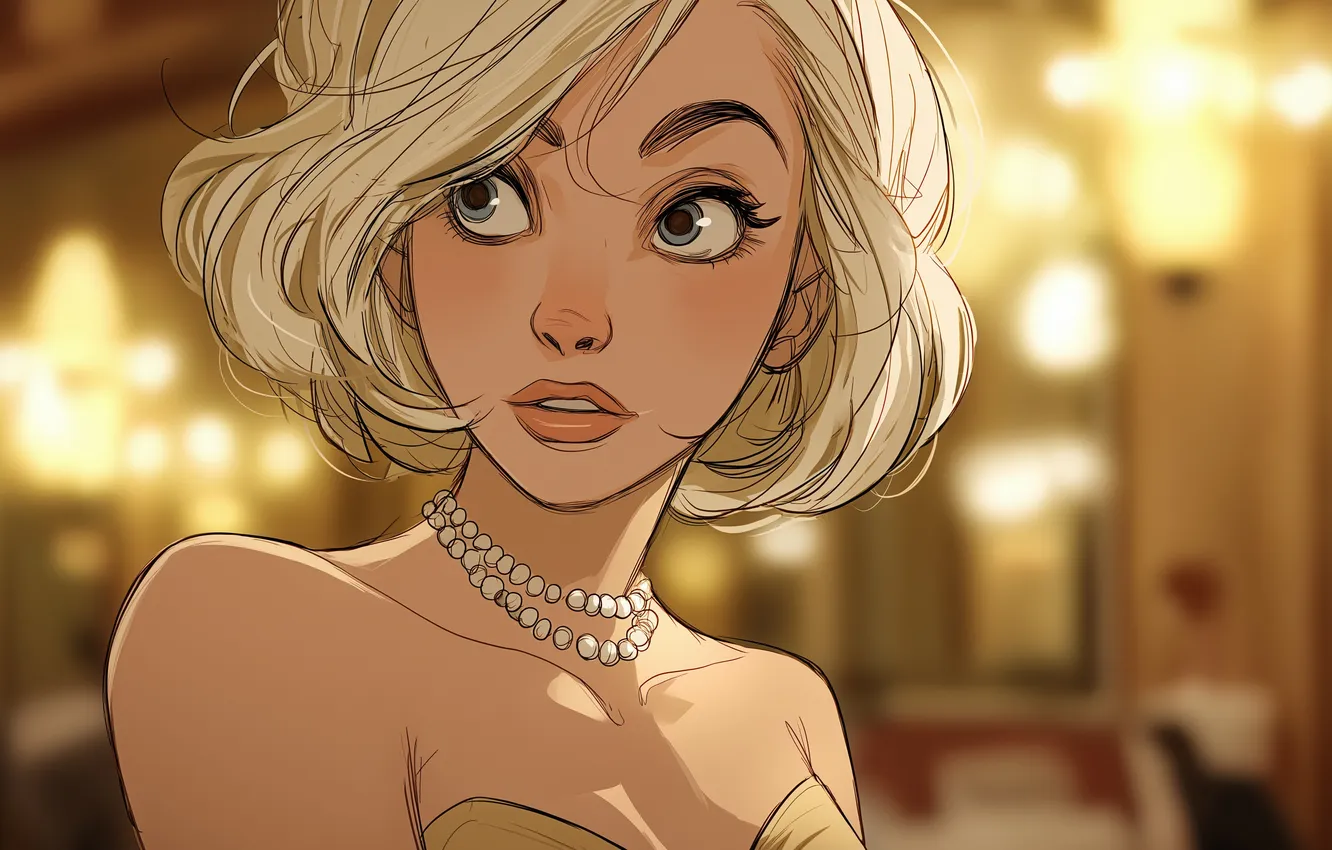 Фото обои animation, women, blonde, necklace, illustration, depth of field, bare shoulders, AI art