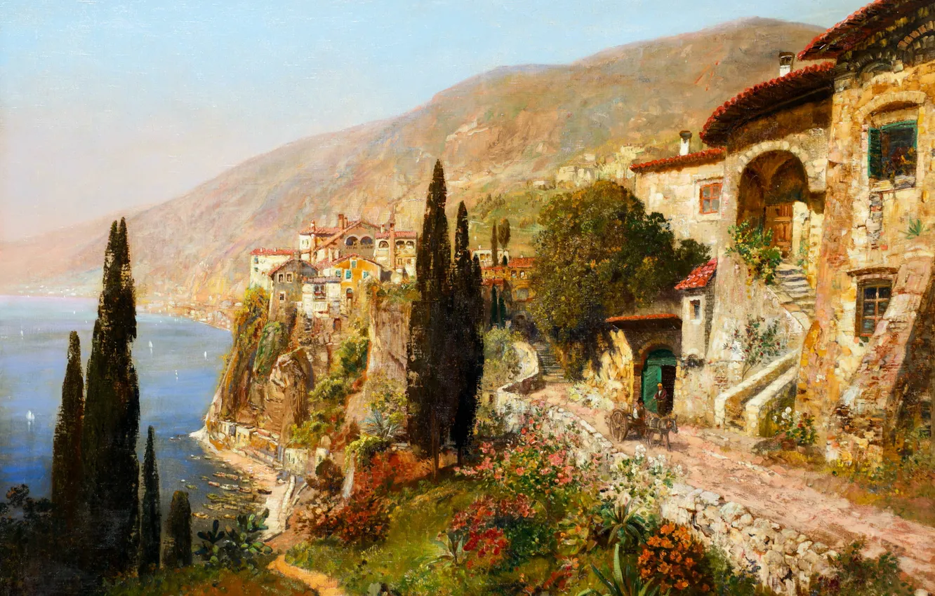 Фото обои Цветы, Дома, Горы, Деревья, Картина, Побережье, Alois Arnegger, Алоис Арнеггер
