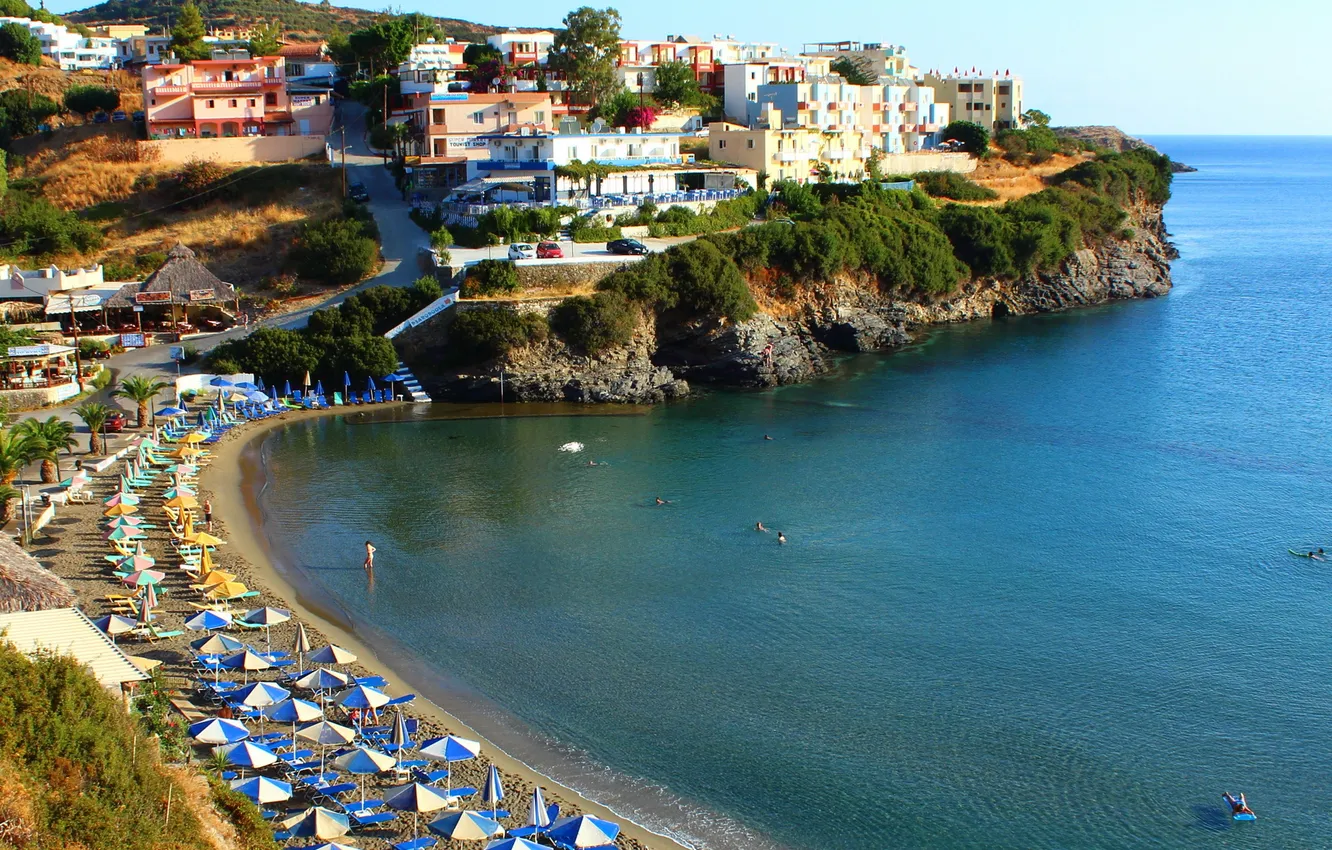 Фото обои море, пляж, город, фото, побережье, дома, Греция, Крит