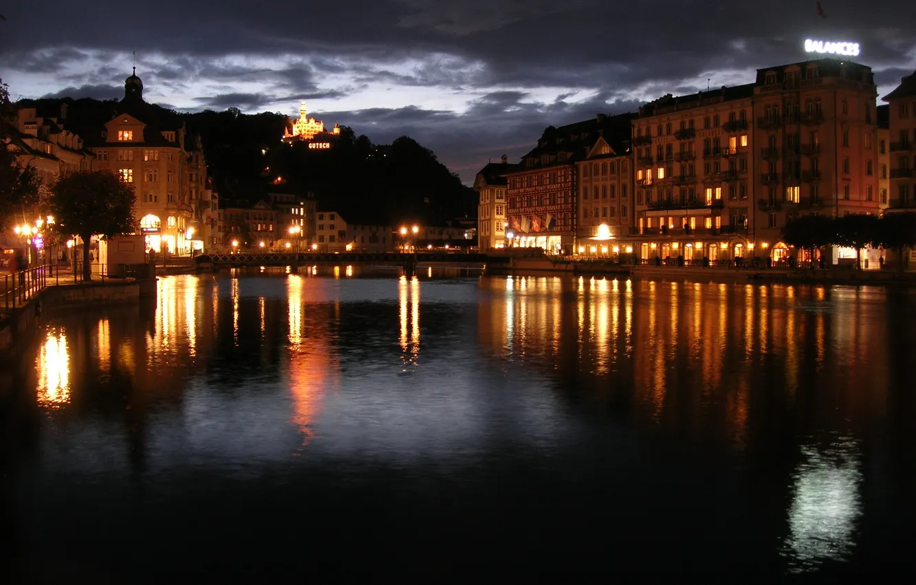 Фото обои ночь, река, улица, швейцария
