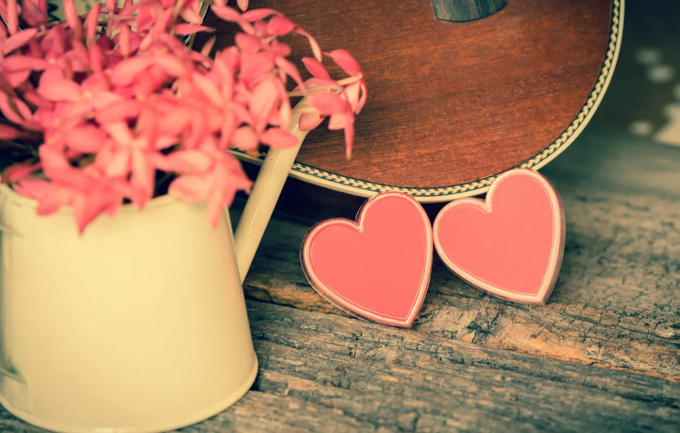 Фото обои цветы, сердце, гитара, love, розовые, vintage, heart, romantic