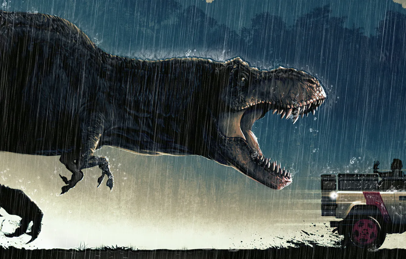 Фото обои rain, night, dual monitor, jeep, jurassic park, movie, dual screen, 1993