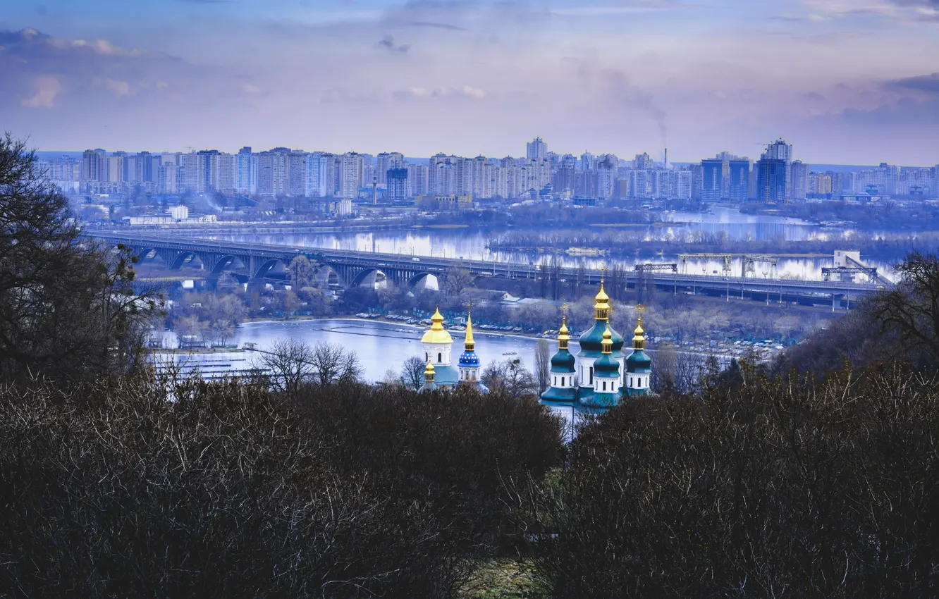 Фото обои зима, мост, Сад, Украина, монастырь, купола, Киев, Днепр