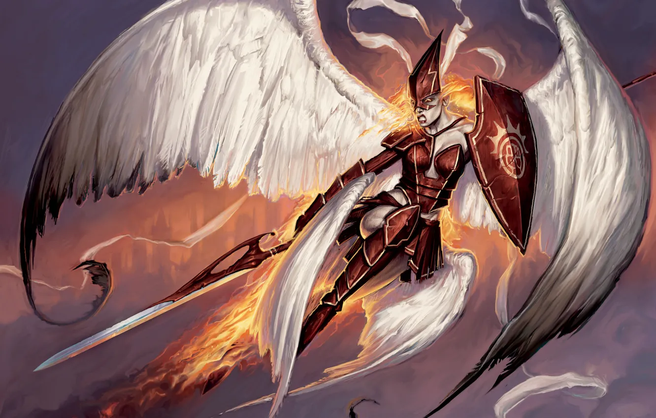 Фото обои огонь, крылья, меч, Matt Cavotta, Firemane Angel