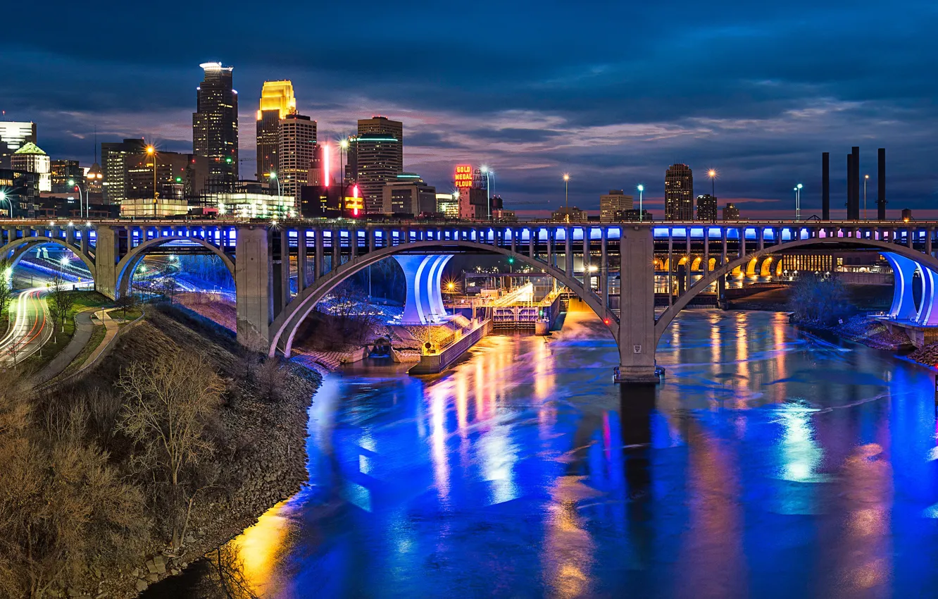 Фото обои дорога, мост, река, здания, панорама, ночной город, небоскрёбы, Миннесота