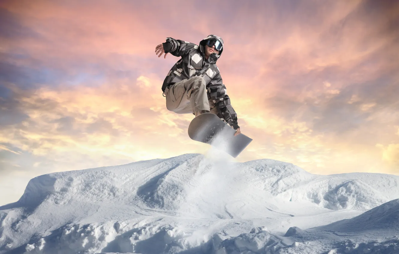 Фото обои sport, snowboard, sunset, winter, suit, vacation, training