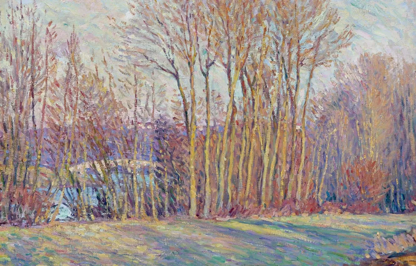 Фото обои пейзаж, картина, Анри Лебаск, Poplars in Autumn near Chalifert
