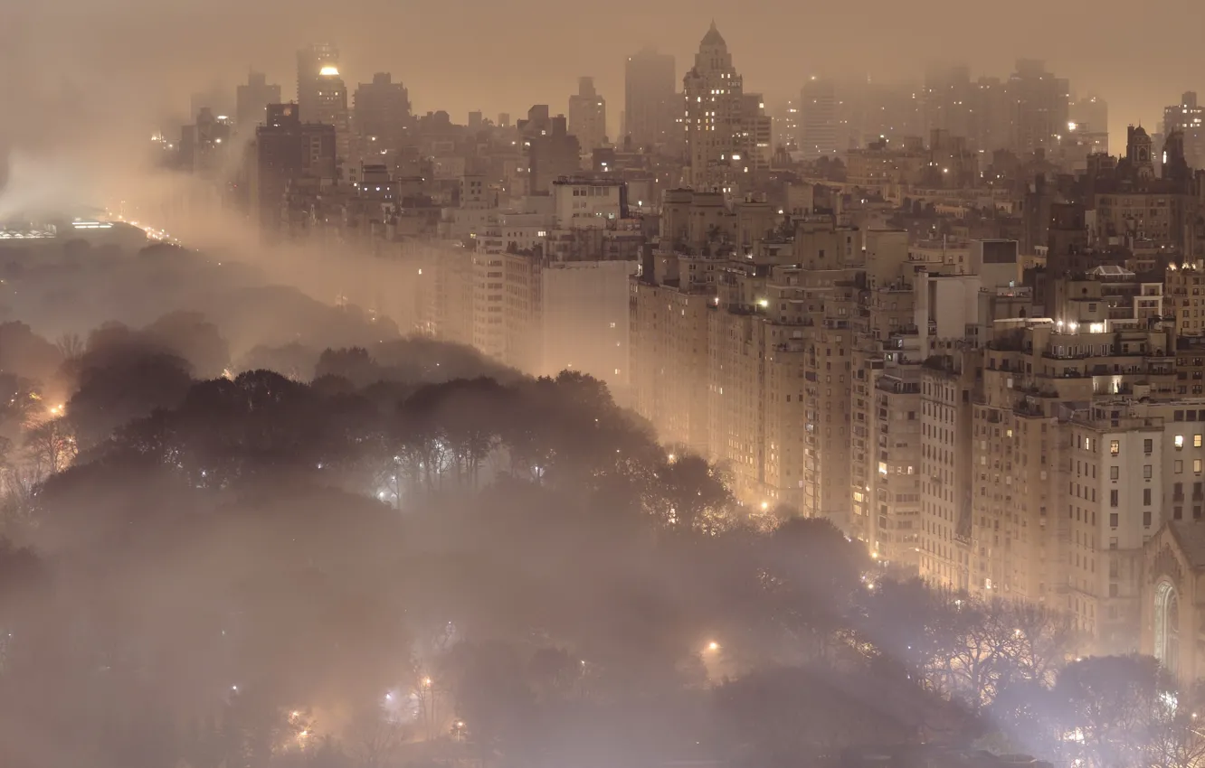 Фото обои ночь, город, огни, туман, города, пейзажи, здания, Нью-Йорк