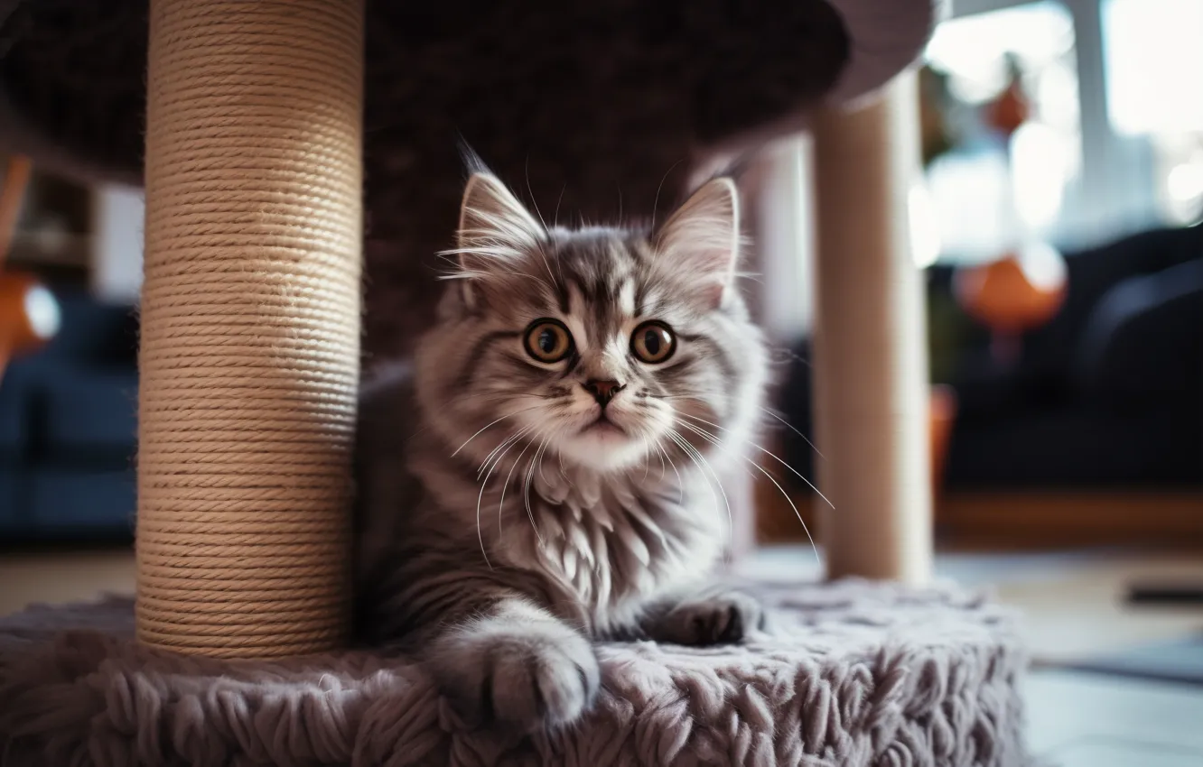 Фото обои кошка, взгляд, поза, котенок, серый, веревка, мех, мордашка