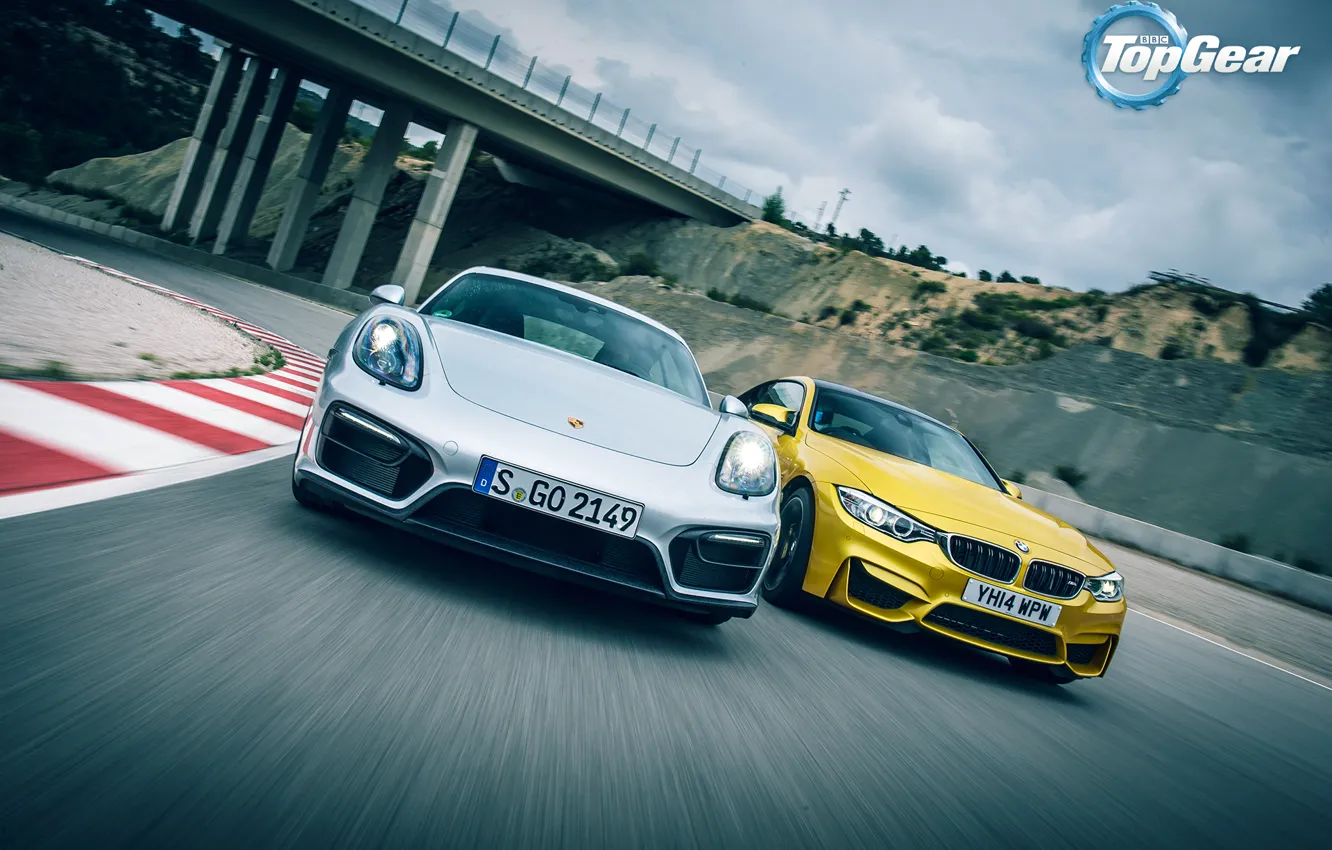 Фото обои Porsche, BMW, Cayman, Top Gear, Speed, Yellow, Supercars, GTS