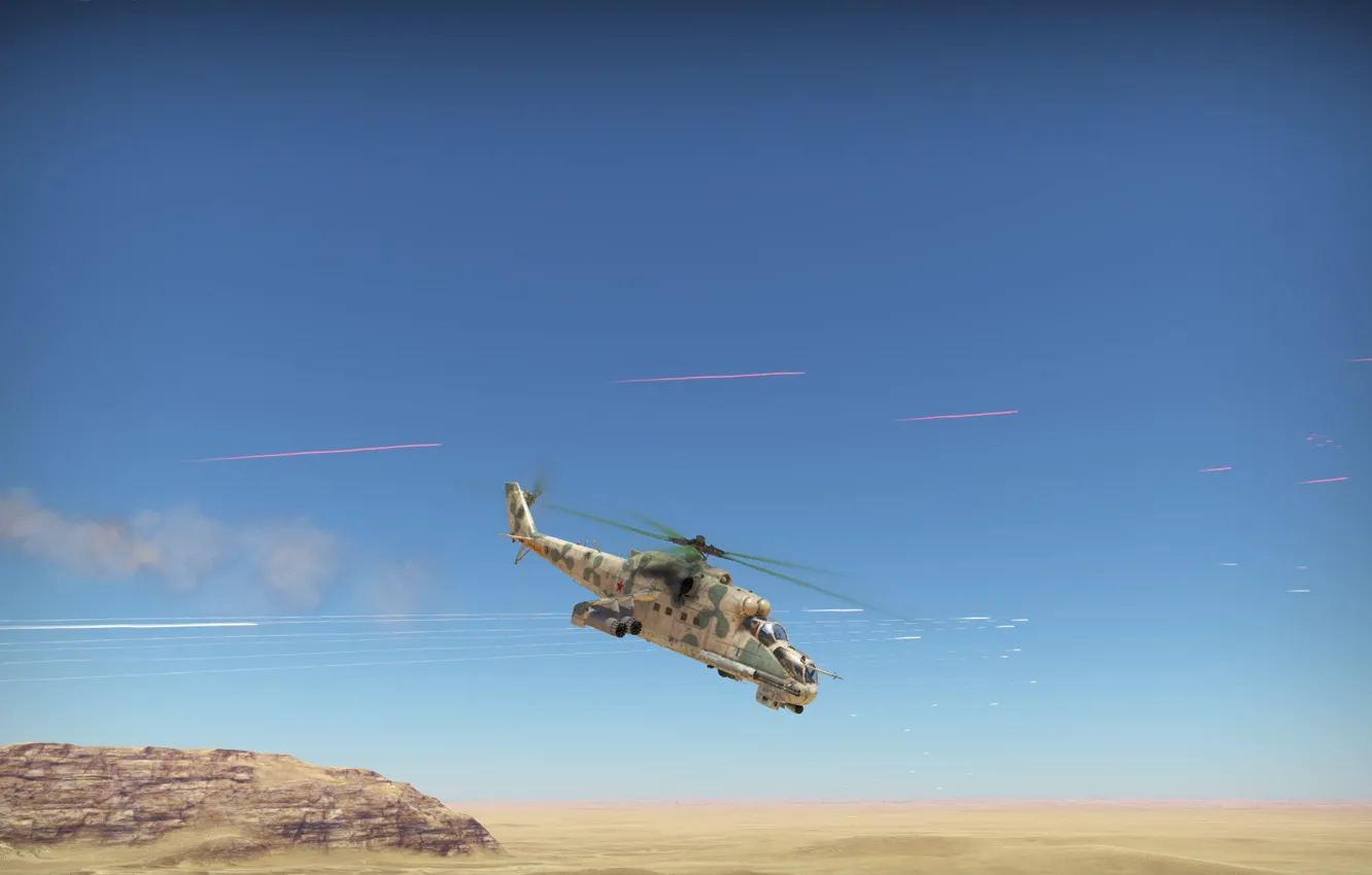 Фото обои Пустыня, Вертолет, Ми-24, War thunder, Трассирующие пули