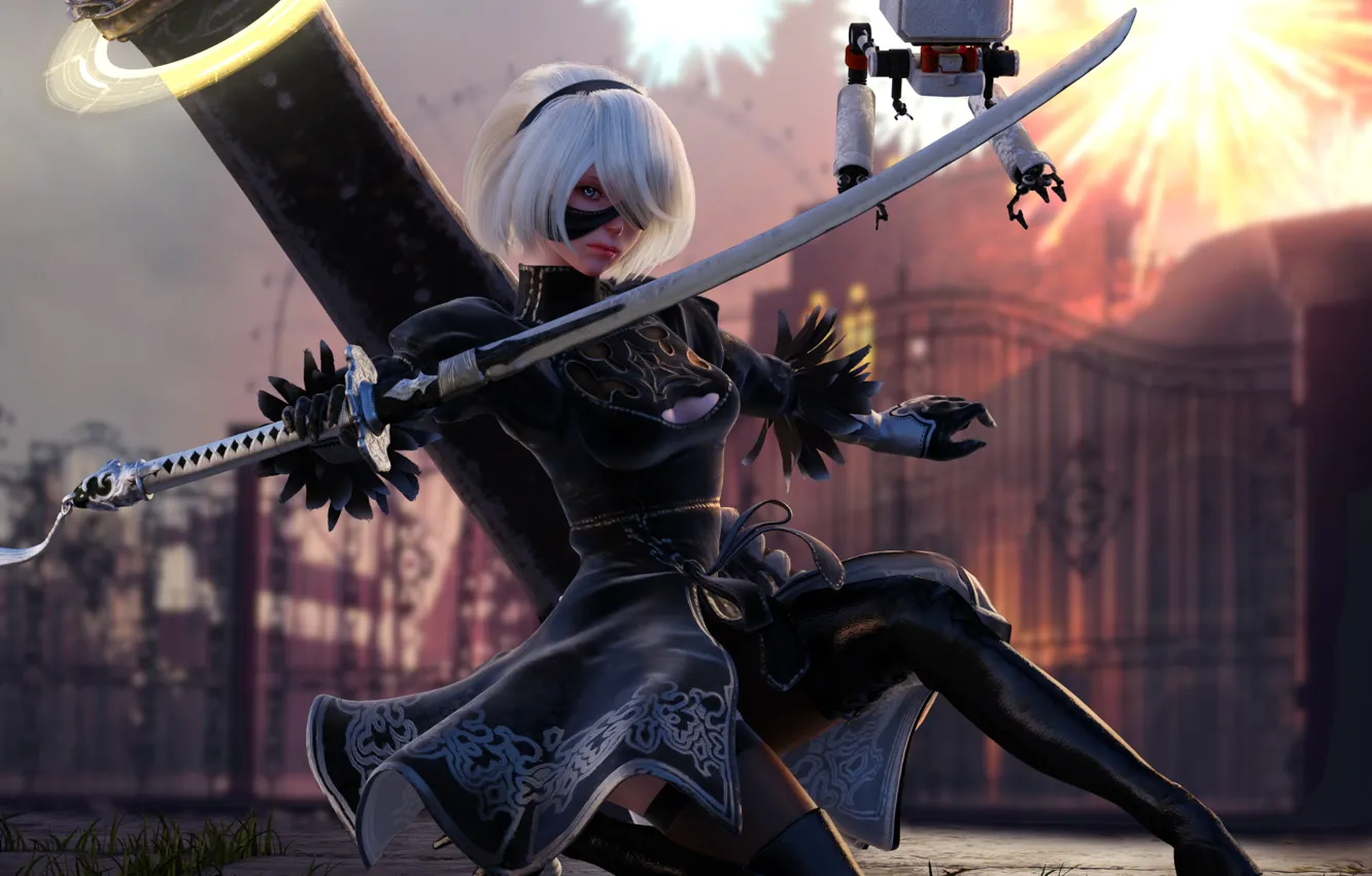 Фото обои взгляд, девушка, меч, роботы, киборг, Nier Automata, YoRHa No 2 Type B