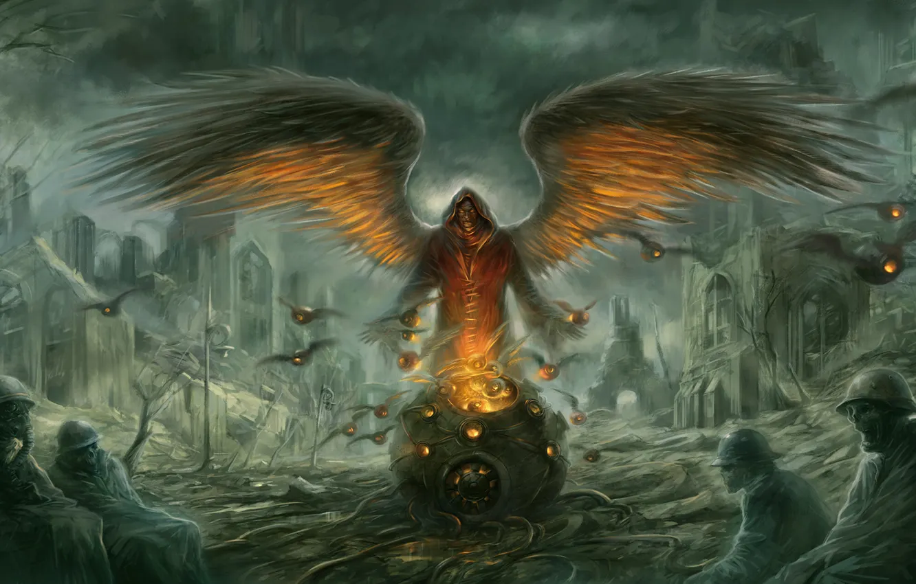 Фото обои огонь, Ангел, солдаты, руины, сфера, трупы