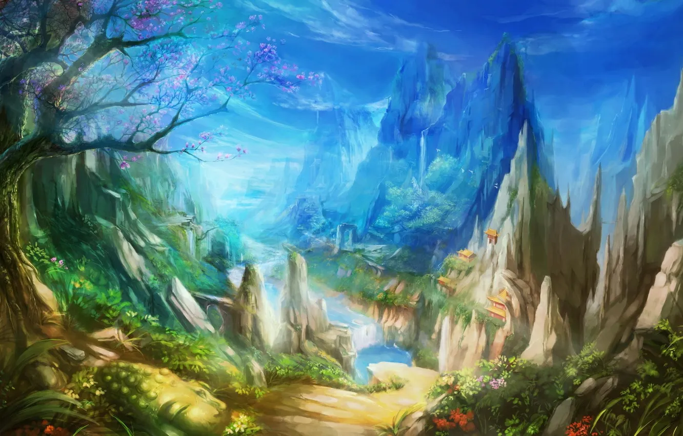 Фото обои горы, вишня, река, синева, скалы, азия, сакура, дымка