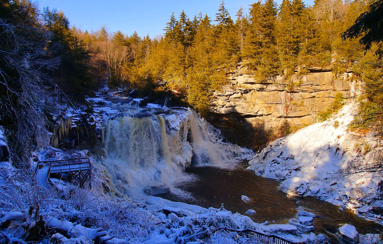 Фото обои зима, лес, небо, снег, мост, река, скалы
