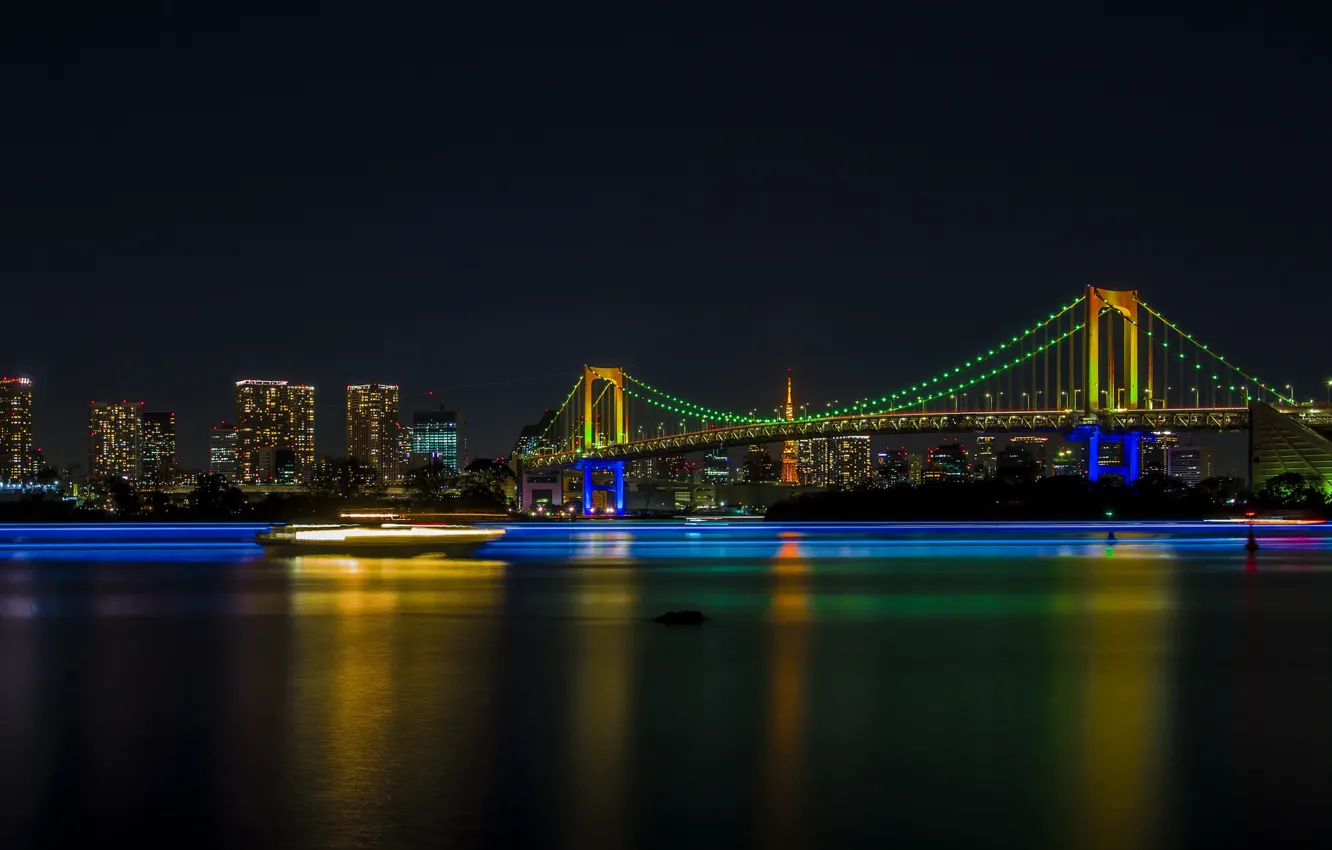 Фото обои огни, здание, Tokyo, Japan, Rainbow Bridge