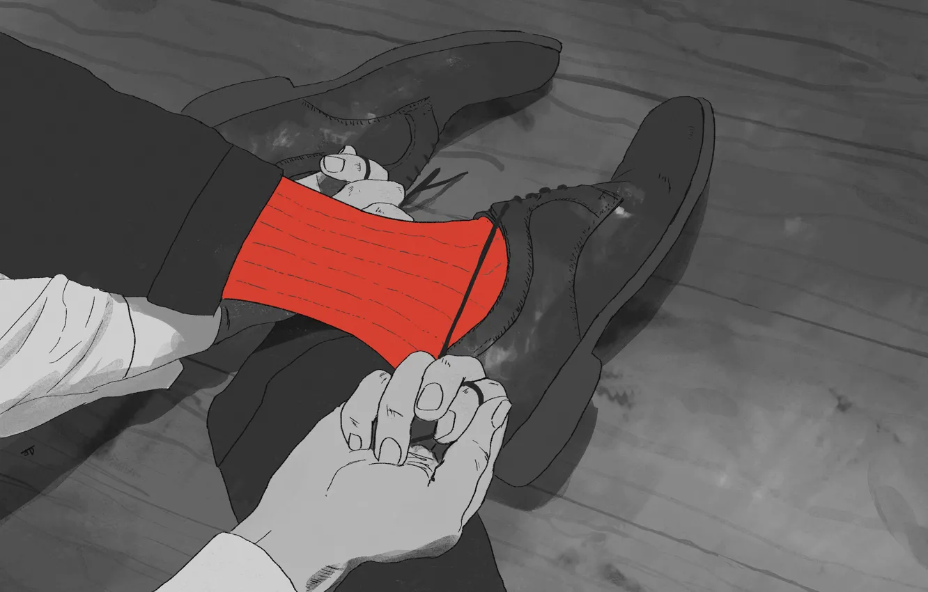 Фото обои мужчина, красные носки, зявязывает шнурки, Akino Kogomi