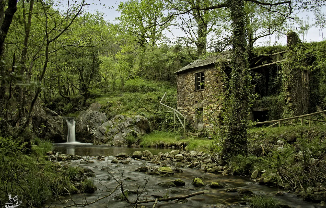 Фото обои лес, деревья, природа, дом, река, камни, водопад, Испания