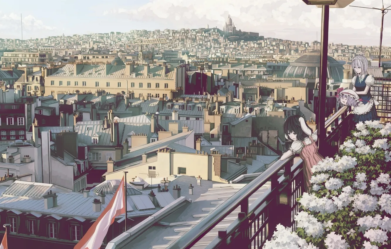 Фото обои город, аниме, девочка, балкон