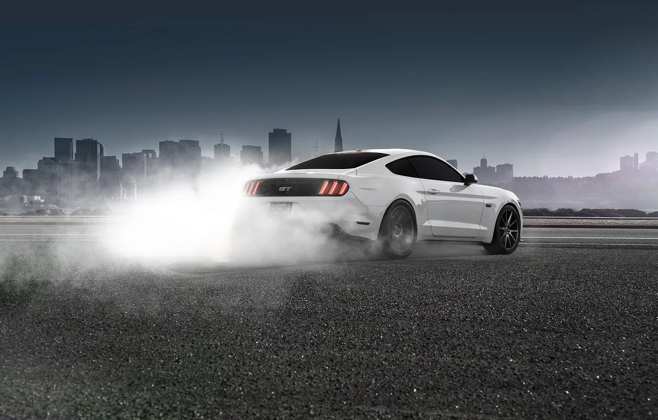 Фото обои Mustang, Ford, Muscle, Car, White, Smoke, Wheels, Rear