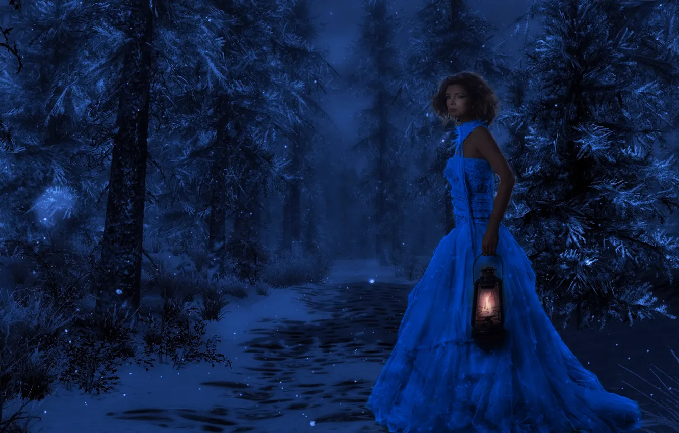 Фото обои зима, лес, девушка, снег, ночь, природа