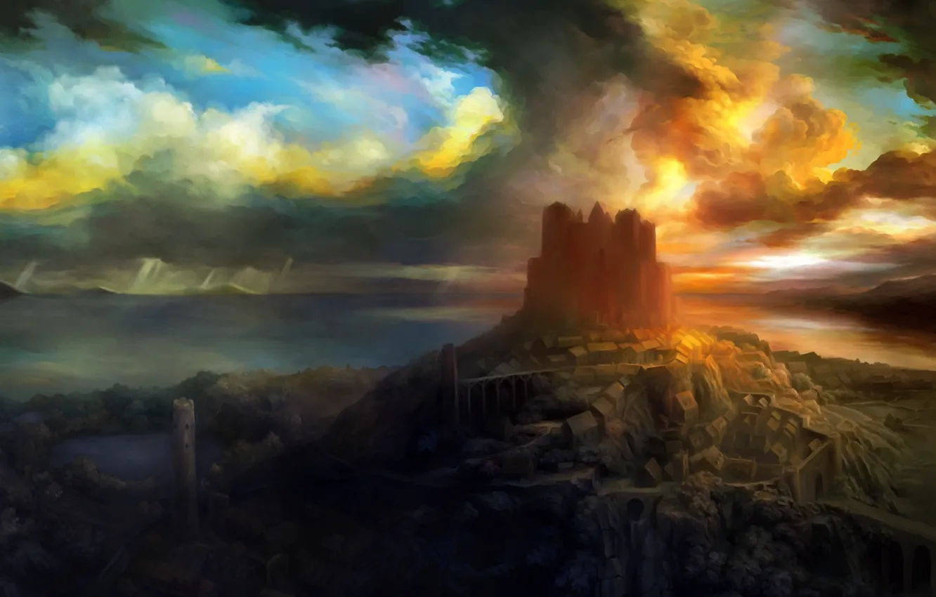 Фото обои небо, закат, замок, леса, RPG, Dragon's Crown
