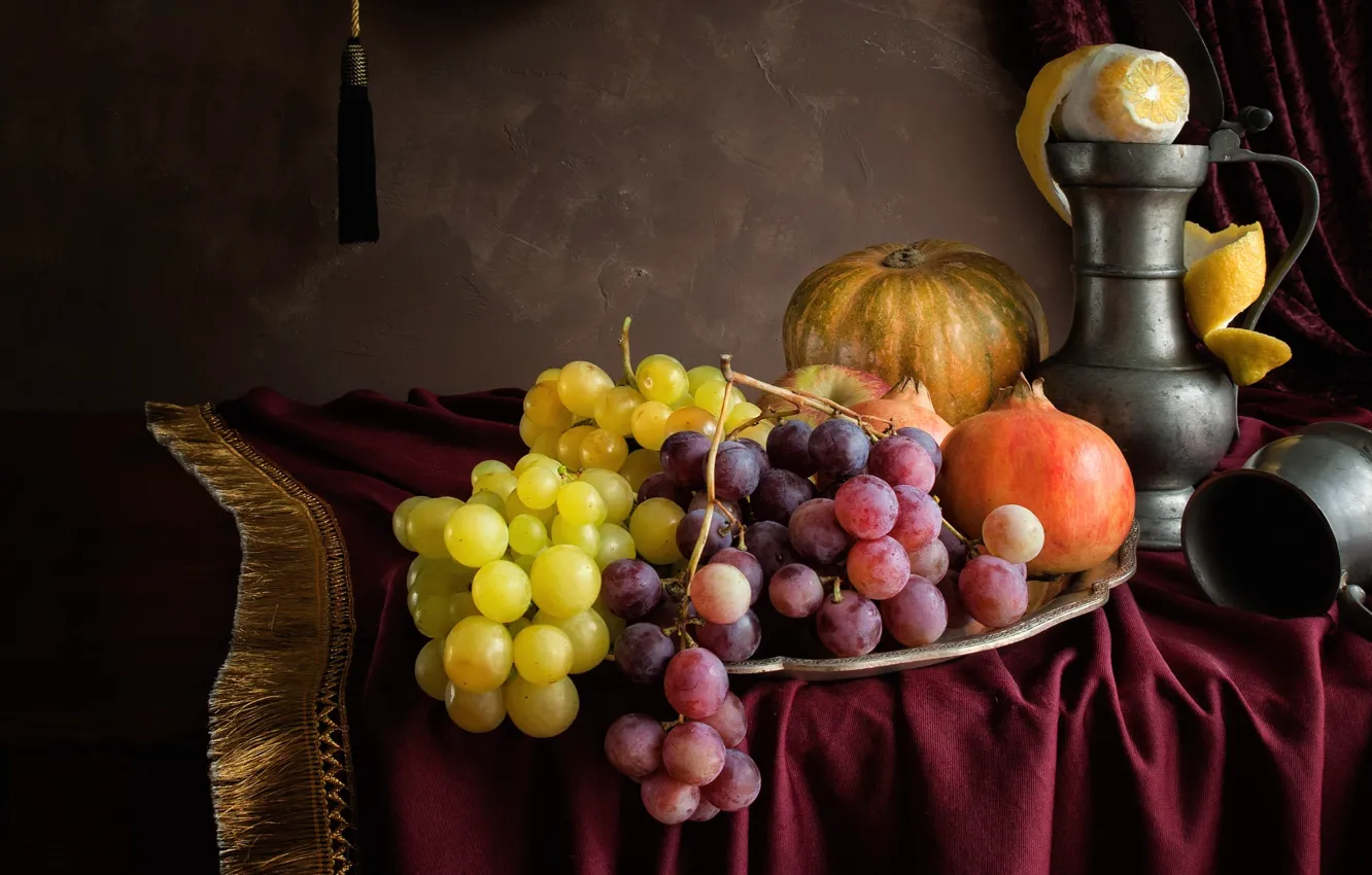 Фото обои лимон, виноград, тыква, кувшин, фрукты, натюрморт, гранат