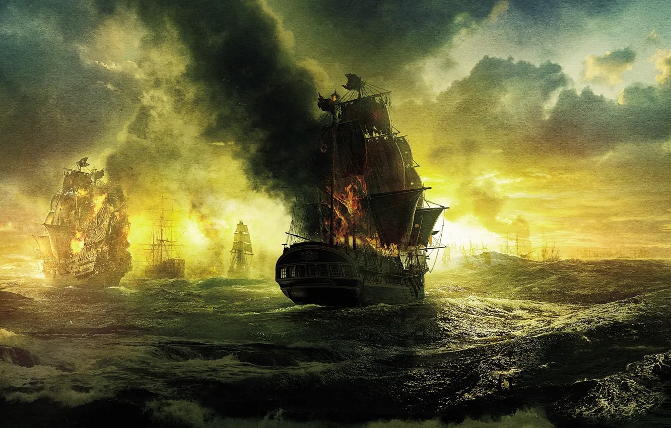 Фото обои море, волны, облака, огонь, корабли, паруса, Пираты Карибского моря, Pirates of the Caribbean