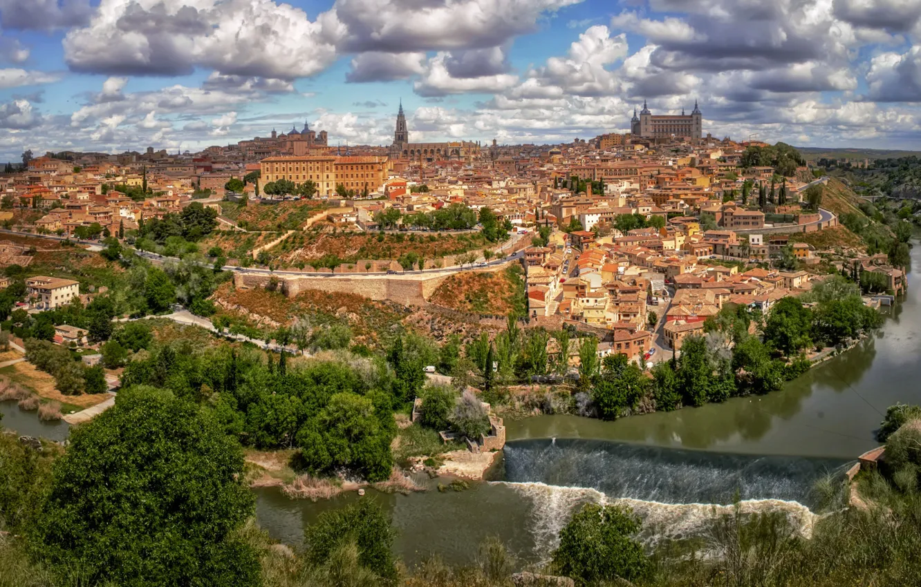 Фото обои река, здания, панорама, Испания, Толедо