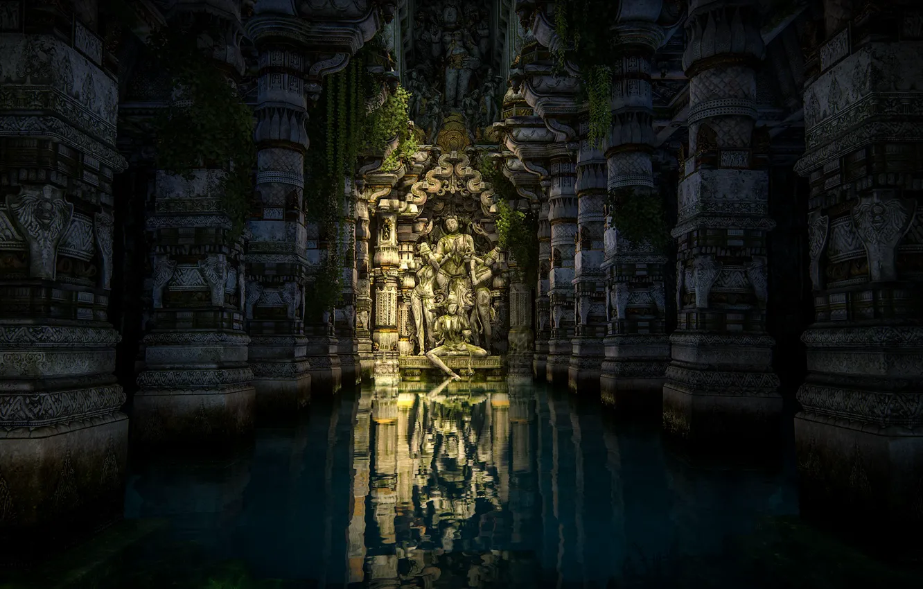 Фото обои река, джунгли, статуя, Будда, Uncharted: The Lost Legacy