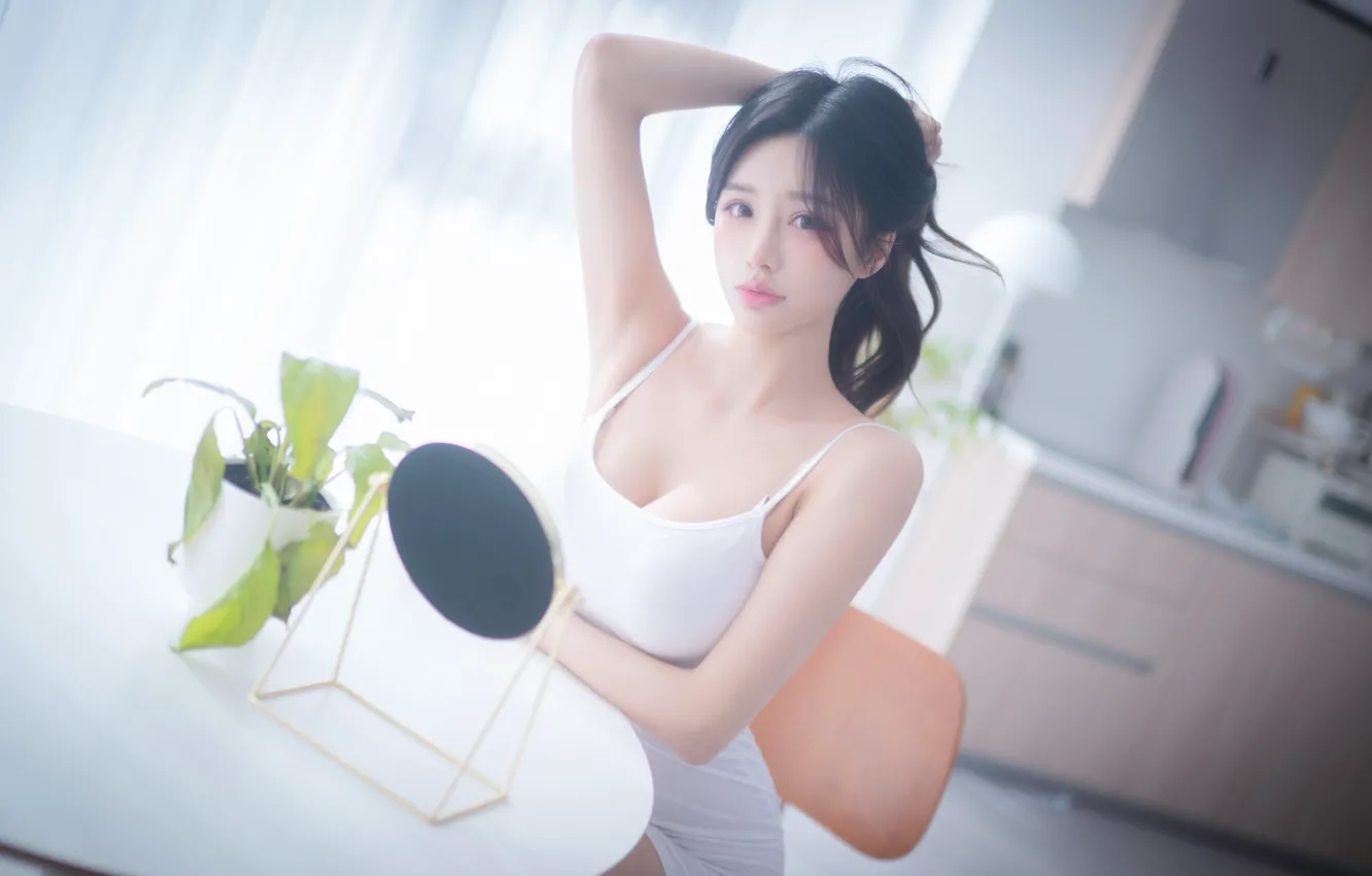 Фото обои cleavage, Asian, dress, model, women, white dress, women indoors, Korean women