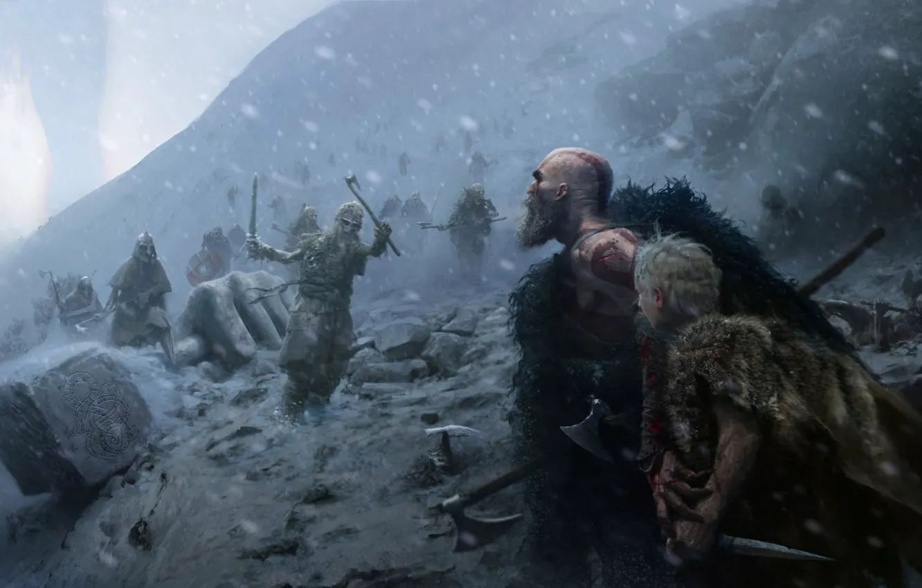 Фото обои sword, game, demigod, blizzard, weapon, Kratos, God of War, snow