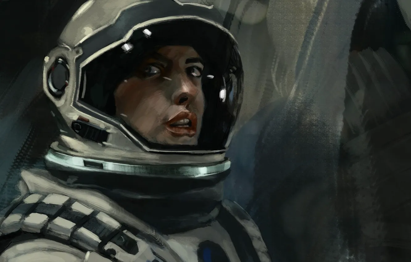 Фото обои космонавт, скафандр, шлем, астронавт, Anne Hathaway, interstellar, Межзвёздный, Amelia Brand