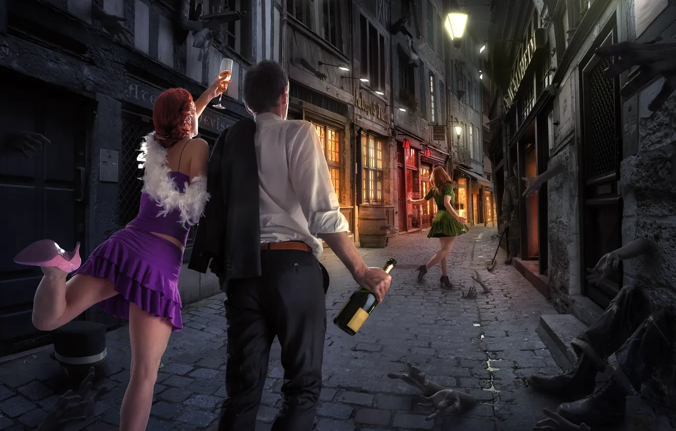 Фото обои девушка, улица, бутылка, пара, парень, ночной город, веселье