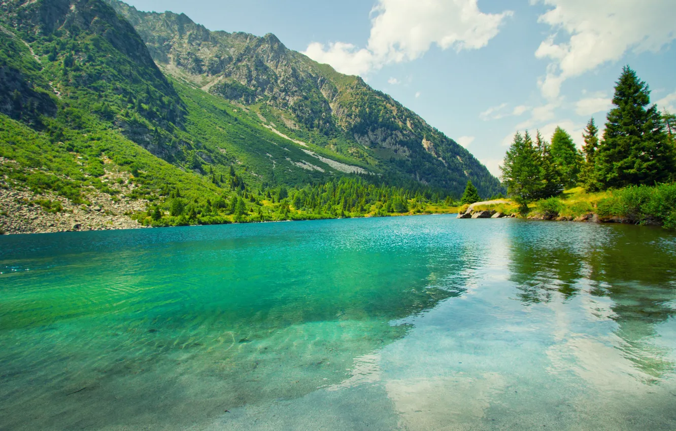 Фото обои зелень, лето, горы, природа, озеро