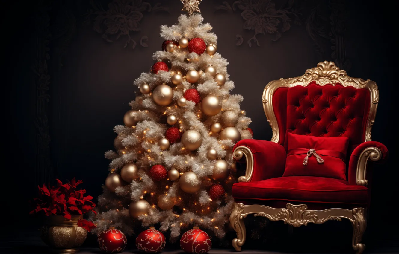 Фото обои украшения, шары, елка, кресло, Новый Год, Рождество, подарки, golden