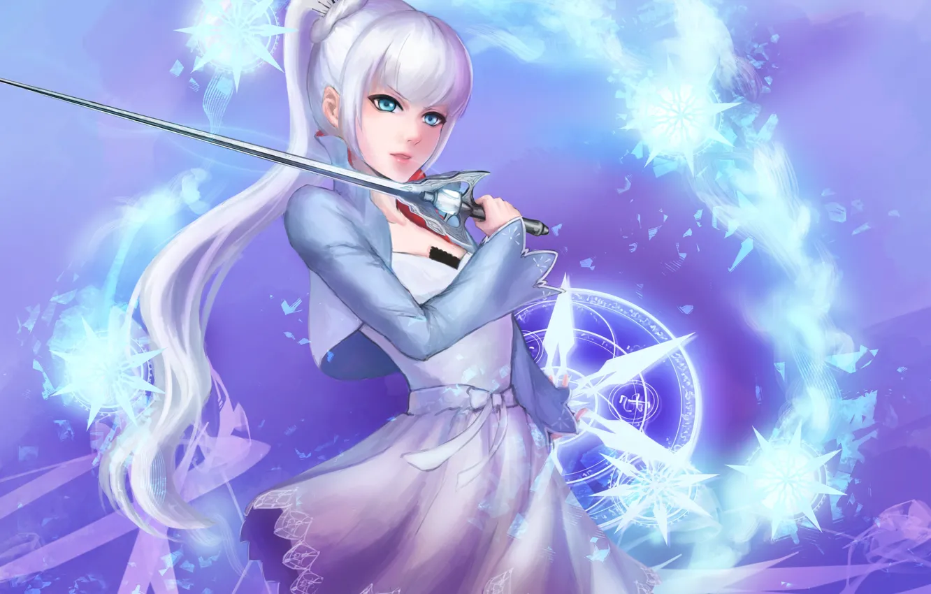 Фото обои ice, blue eyes, snow, digital art, fan art, skirt, anime girls, white hair