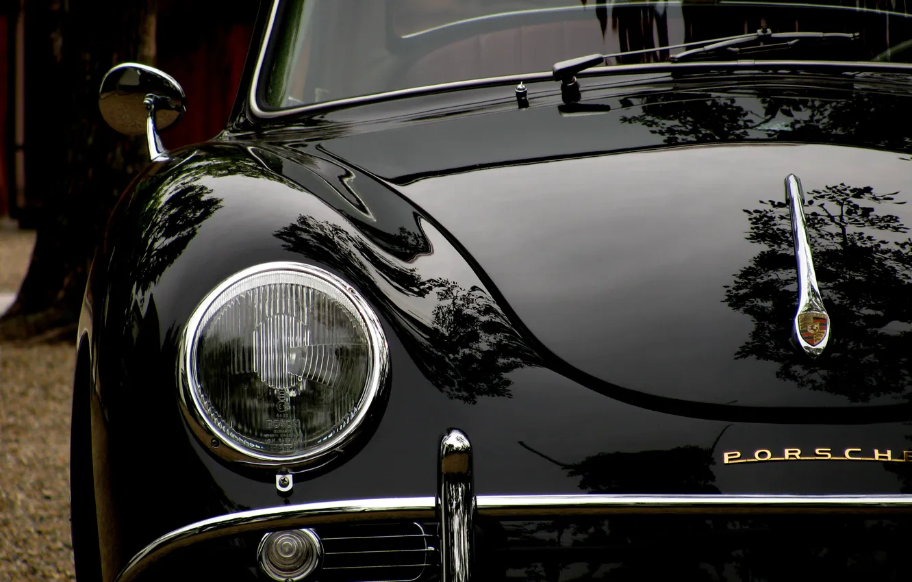 Фото обои черный, фара, Porsche, классика, лак