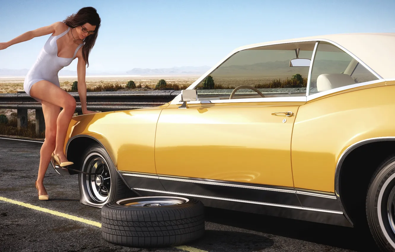 Фото обои женщина, автомобиль, ремонт, Buick Riviera, Flat tire in the desert