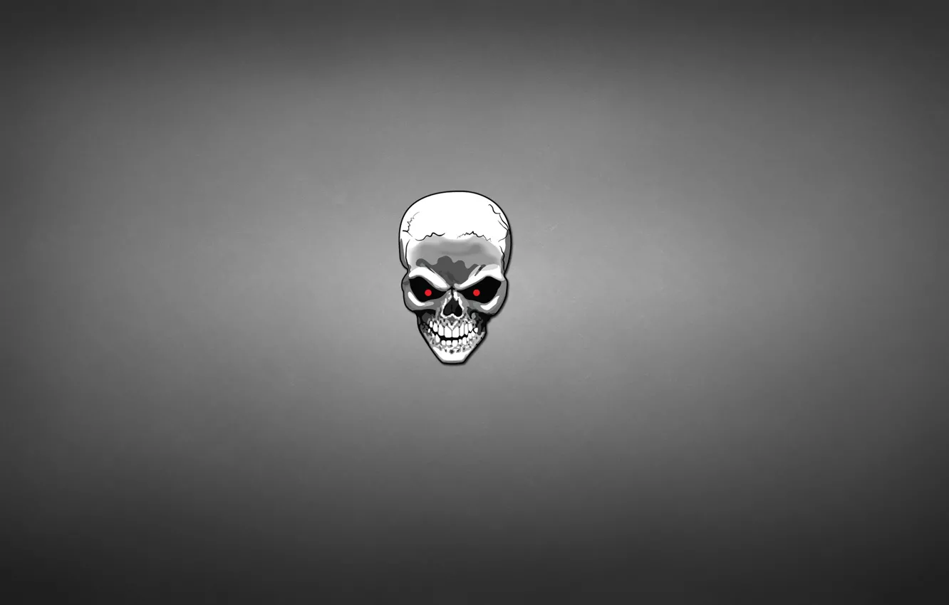 Фото обои белый, череп, скелет, красные глаза, темноватый фон
