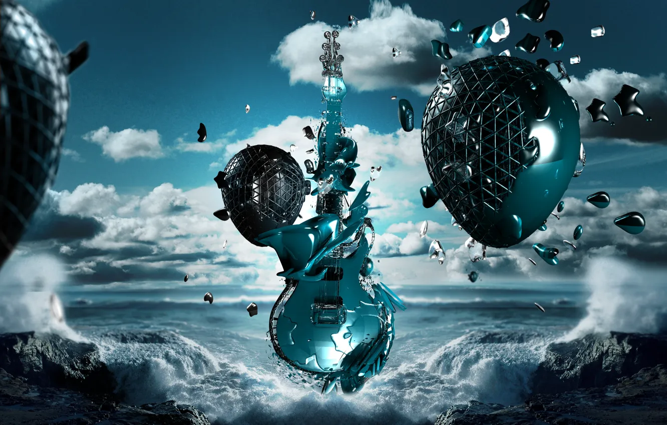 Фото обои море, волны, музыка, гитара, рок