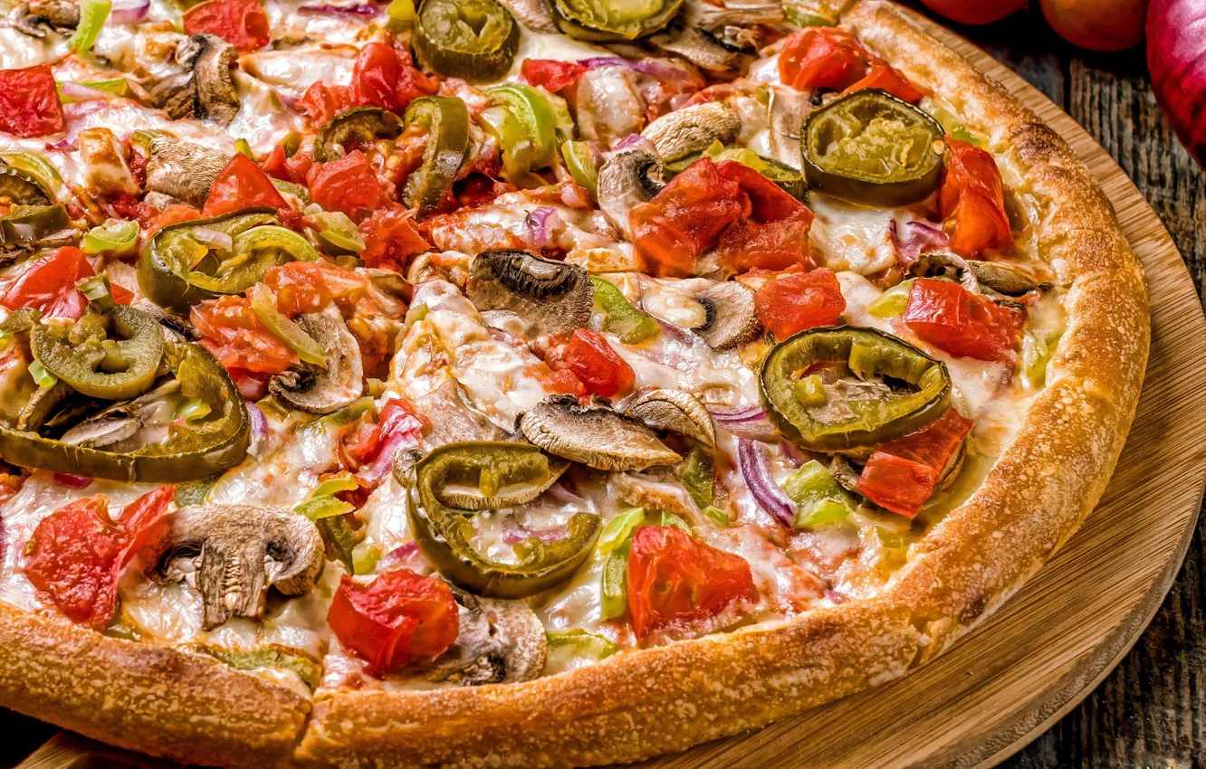 Фото обои грибы, сыр, перец, овощи, пицца, помидоры, начинка