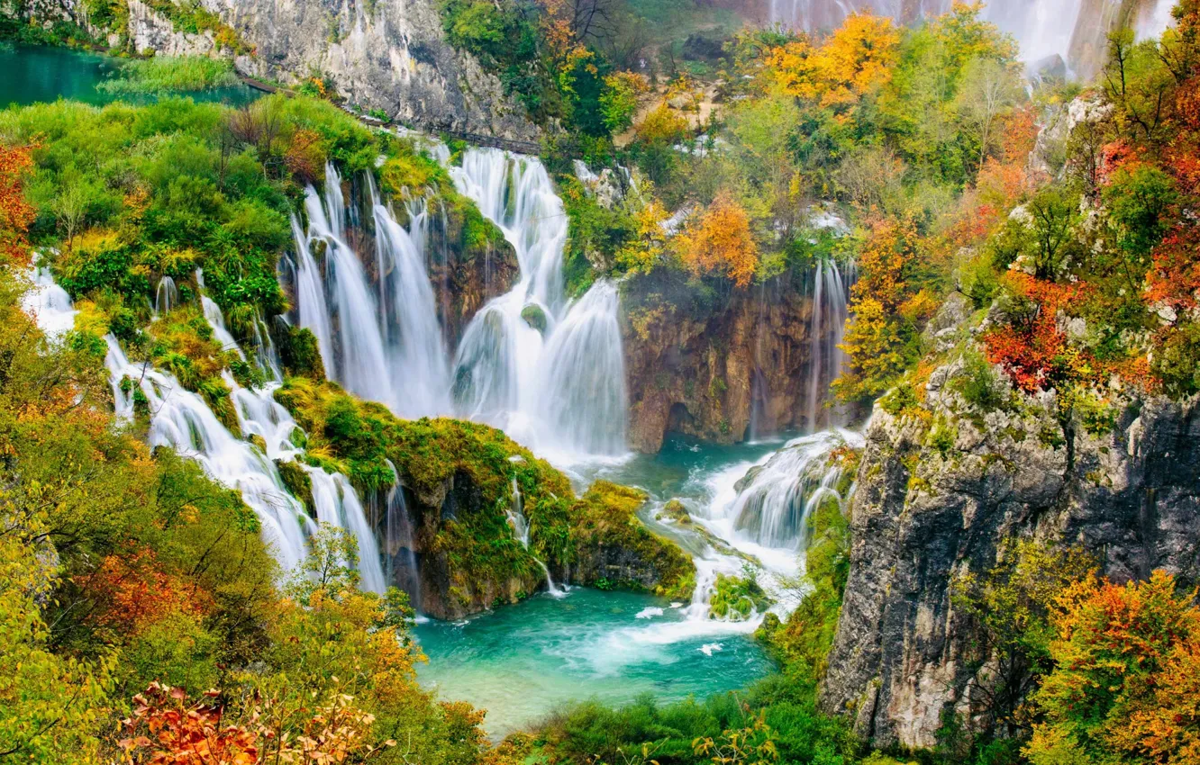 Фото обои осень, вода, водопад, Хорватия, Плитвицкие озера