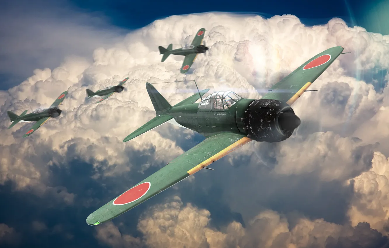 Фото обои небо, облака, самолет, война, истребитель, zero, A6M5, war thunder